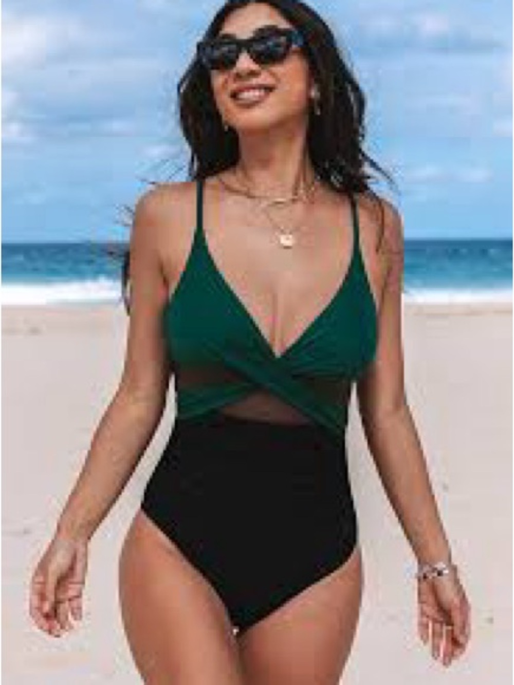 Cupshe NWT Green & Black Tummy Control Cut-Out One-Piece Swimsuit LT Large Tall